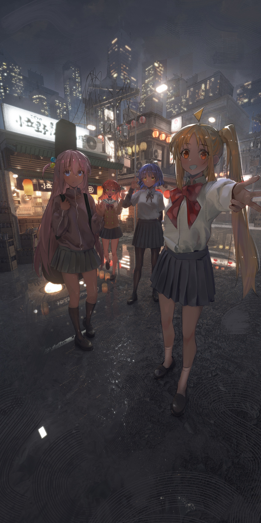 4girls, absurdly_detailed_background, absurdres, air_conditioner, awning, beer_crate, billboard, black_footwear