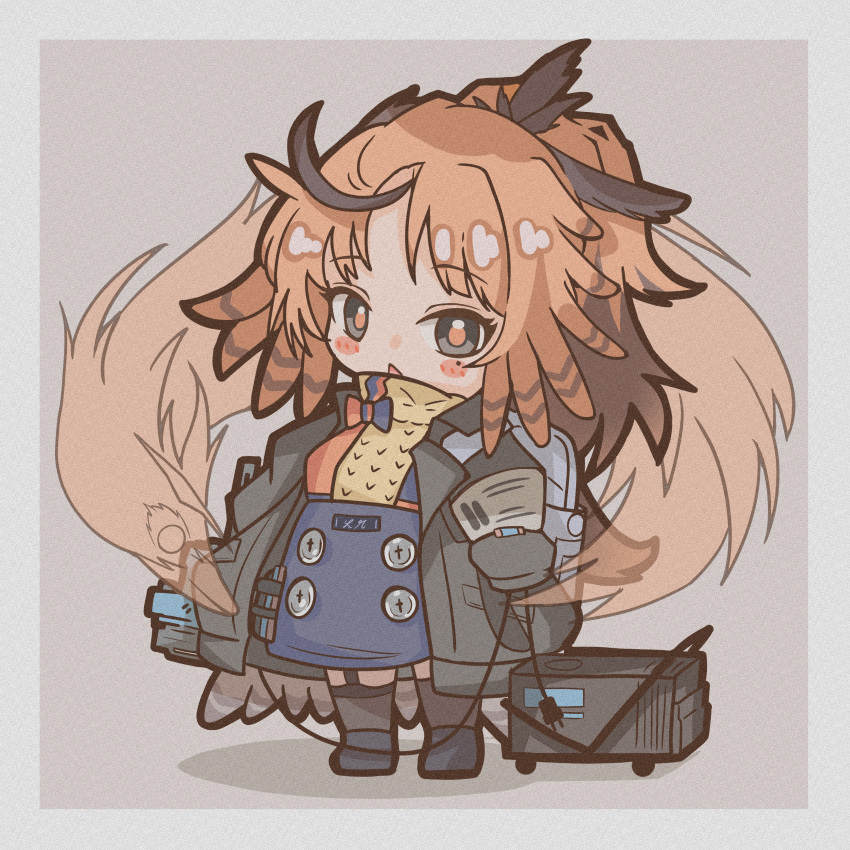 1girl, absurdres, arknights, black_eyes, black_footwear, black_jacket, black_thighhighs, blue_bow, blue_skirt, blush, bow, buttons, chibi, feather_hair, garter_straps, generator, high-waist_skirt, highres, hinagi_(windy5637), holding, jacket, long_hair, long_sleeves, looking_at_viewer, mole, mole_under_eye, open_clothes, open_jacket, orange_bow, orange_hair, orange_pupils, pinecone_(arknights), ponytail, power_cord, skirt, solo, standing, sweater, thigh-highs, triangle_mouth, yellow_sweater