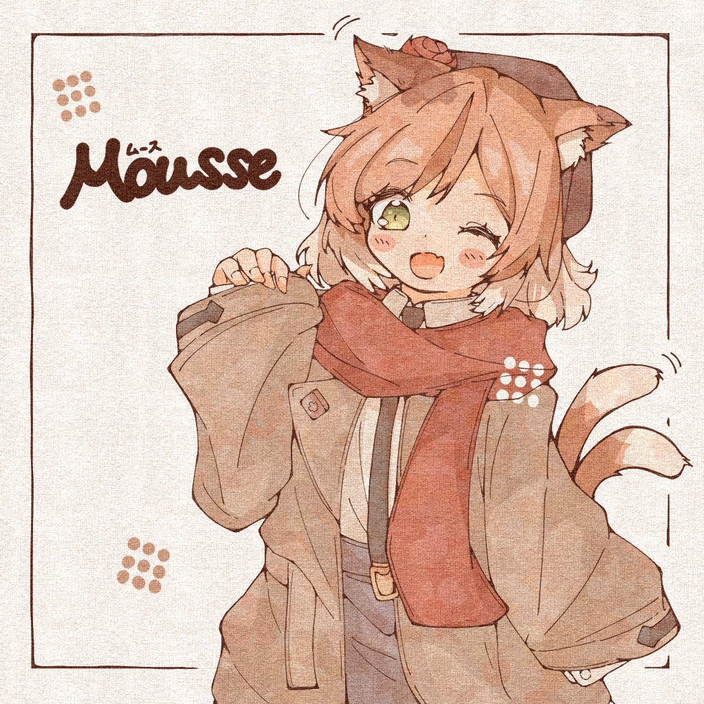 1girl, ;d, animal_ears, arknights, beret, black_headwear, blue_pants, blush, brown_coat, cat_ears, cat_girl, cat_tail, character_name, coat, colored_tips, fang, flower, green_eyes, hair_flower, hair_ornament, hand_up, hat, hinagi_(windy5637), layered_sleeves, long_sleeves, looking_at_viewer, mousse_(arknights), mousse_(campfire_cooking_smoke)_(arknights), multicolored_hair, multiple_tails, official_alternate_costume, one_eye_closed, open_clothes, open_coat, open_mouth, orange_hair, pants, red_flower, red_scarf, scarf, shirt, short_hair, simple_background, skin_fang, smile, solo, tail, two-tone_hair, two_tails, upper_body, white_background, white_hair, white_shirt