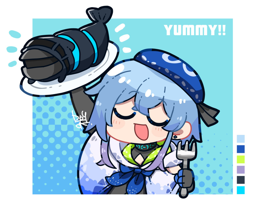1boy, 1other, animalization, arknights, beret, black_gloves, black_shirt, blue_background