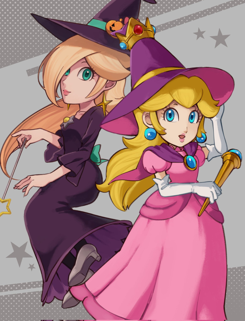 2girls, back_bow, blonde_hair, blue_eyes, bow, brooch, capelet, crown