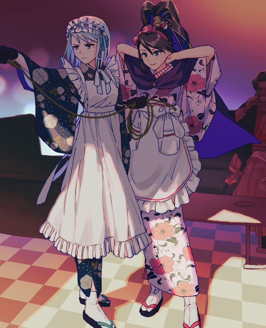 1boy, 2girls, absurdres, ace_attorney, ace_attorney_investigations, apron, aqua_hair, black_gloves