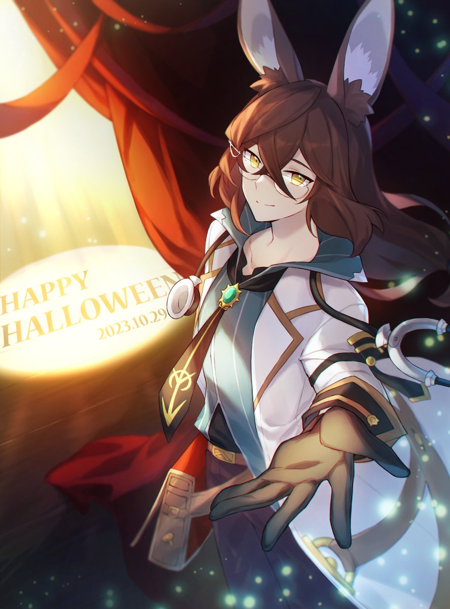 1boy, animal_ears, brown_gloves, brown_hair, coat, crossed_bangs, curtains, dated, dragalia_lost, dragalinuka, glasses, gloves, hair_between_eyes, halloween_costume, happy_halloween, highres, lab_coat, long_hair, long_sleeves, looking_at_viewer, male_focus, necktie, official_alternate_costume, open_clothes, open_coat, outstretched_hand, pants, rabbit_ears, smile, solo, spotlight, stethoscope, sylas_(dragalia_lost), white_coat, yellow_eyes