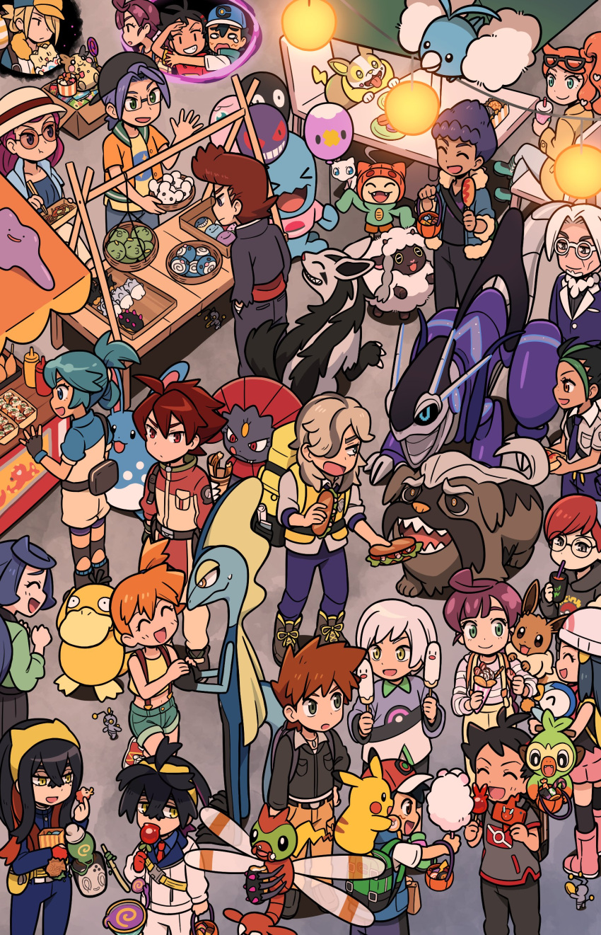 >_<, 6+boys, 6+girls, :3, :t, ^_^, absurdres, arven_(pokemon), ash_ketchum, azumarill, backpack, backwards_hat, bag, balloon, baseball_cap, basket, black_hair, blonde_hair, blue_hair, brown_hair, candy, candy_apple, carmine_(pokemon), chloe_(pokemon), chrysa_(pokemon), clavell_(pokemon), closed_eyes, clothed_pokemon, coin, commentary, cookie, cotton_candy, crepe, crossed_legs, cup, danika_(pokemon), ditto, drinking, drinking_straw, eating, eevee, fanny_pack, fidough, food, food_on_face, food_stand, gary_oak, gimmighoul, glasses, gloves, goh_(pokemon), green_eyes, grey_eyes, grookey, hair_over_one_eye, hands_in_pockets, hat, highres, hikari_(pokemon), hodge_(pokemon), holding, holding_balloon, holding_basket, holding_coin, holding_cup, holding_food, hop_(pokemon), horace_(pokemon), inteleon, jacket, james_(pokemon), jessie_(pokemon), kieran_(pokemon), lantern, lollipop, long_hair, low_ponytail, mabosstiff, macaron, meowth, mew, mew_(pokemon), mightyena, miraidon, misty_(pokemon), morpeko, morpeko_(full), multicolored_hair, multiple_boys, multiple_girls, nemona_(pokemon), on_chair, on_shoulder, open_clothes, open_jacket, open_mouth, orange_hair, penny_(pokemon), pikachu, pink_hair, piplup, poke_ball_print, pokemon, pokemon_(anime), pokemon_(creature), pokemon_journeys, pokemon_legends:_arceus, pokemon_on_shoulder, pokemon_sv, poltchageist, pompadour, psyduck, quillon_(pokemon), rotom, rotom_phone, sandwich, school_uniform, short_hair, shuan_0420, side_ponytail, single_glove, smile, sonia_(pokemon), sunglasses, swablu, sweatdrop, swirl_lollipop, takoyaki, togepi, two-tone_hair, uva_academy_school_uniform, very_long_sleeves, volo_(pokemon), weavile, white_hair, wobbuffet, wooloo, wrapped_candy, yakisoba, yanma, yellow_eyes