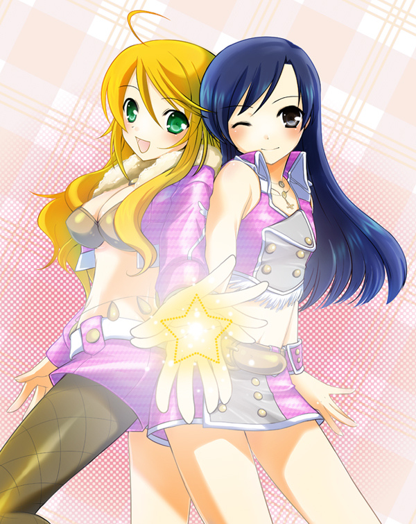 bare_legs, blush, fishnet_pantyhose, fishnets, hoshii_miki, idolmaster, idolmaster_2, kisaragi_chihaya