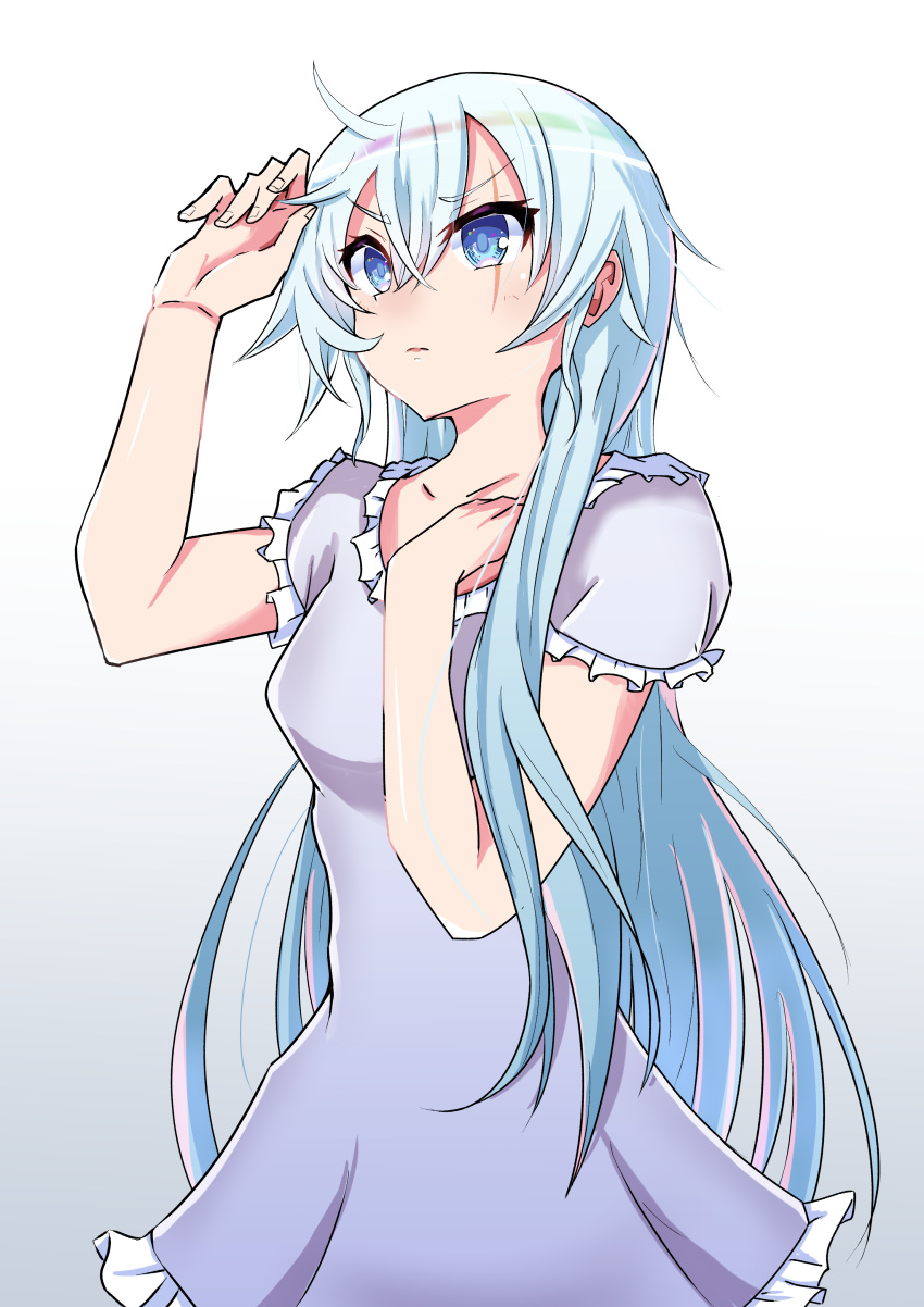 1girl, absurdres, ahoge, bakuma, blue_eyes, breasts, cowboy_shot, frilled_nightgown