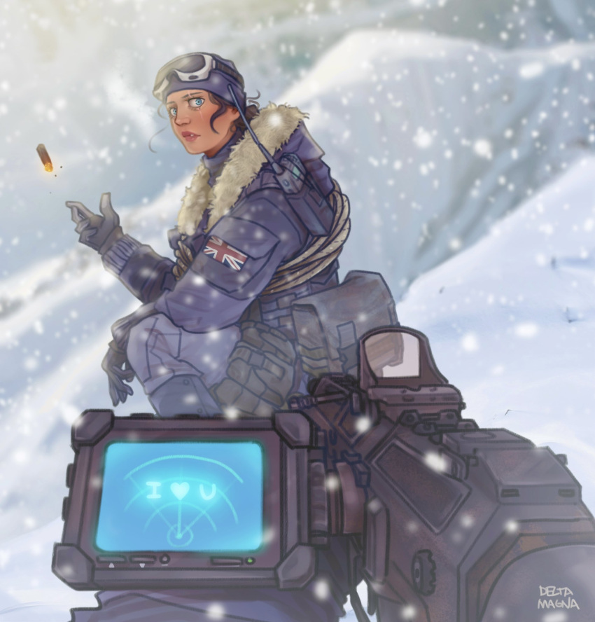 1girl, adaptive_combat_rifle, assault_rifle, beanie, blue_eyes, call_of_duty, call_of_duty:_modern_warfare_2, cigar, deltamagna, fur_trim, gun, hat, heart, highres, looking_at_viewer, military_uniform, pouch, rifle, signature, smoke, snow, solo, uniform, union_jack, weapon