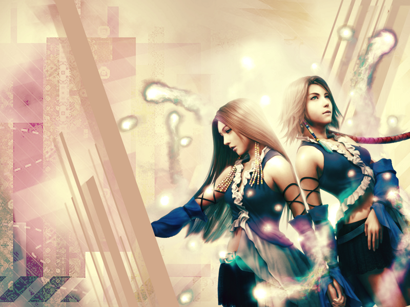 2girls, beads, blue_eyes, breasts, brown_hair, detached_sleeves, earrings, final_fantasy
