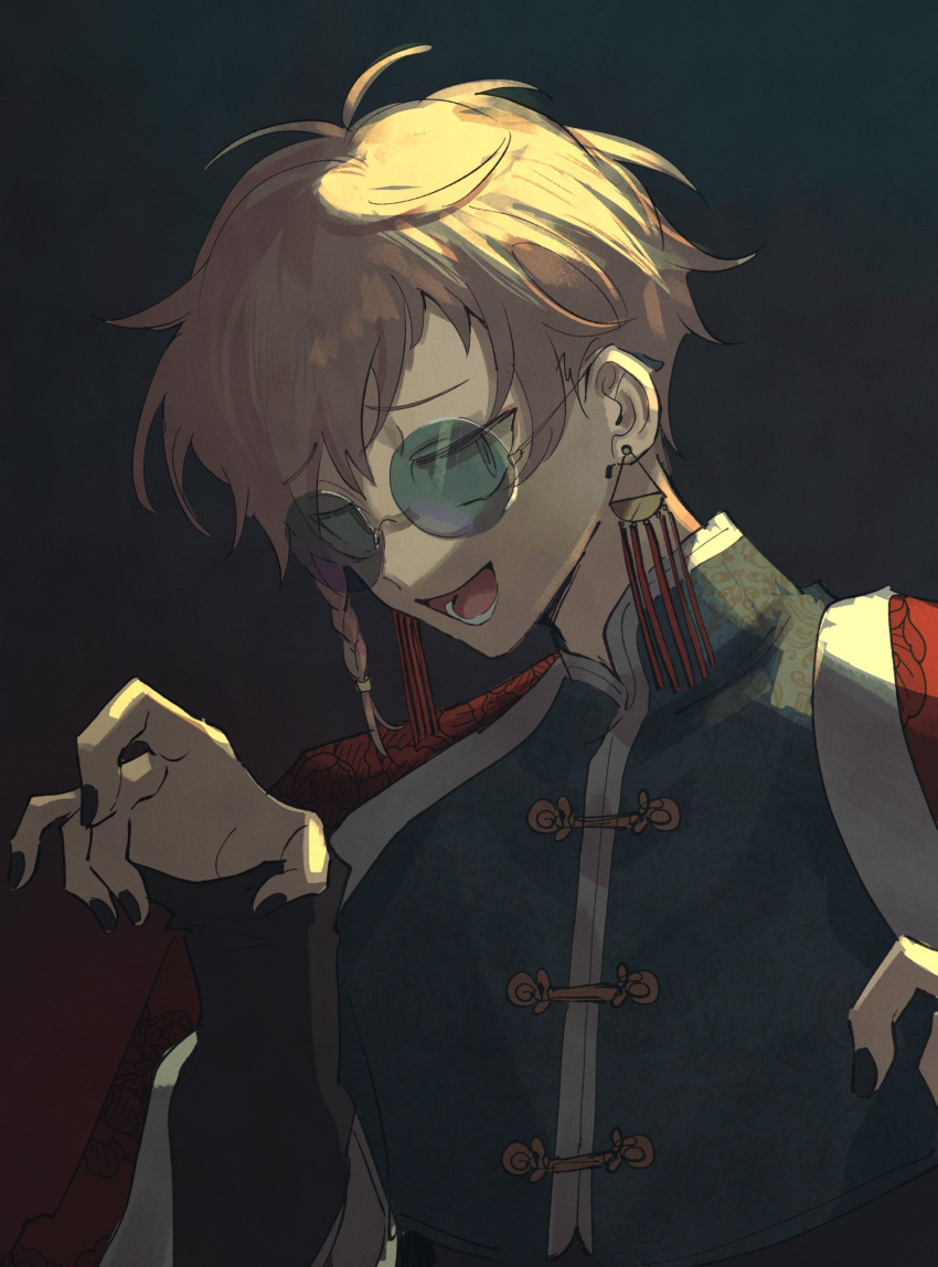 1boy, :d, alternate_costume, alternate_hairstyle, black_background, black_nails, black_shirt, blonde_hair