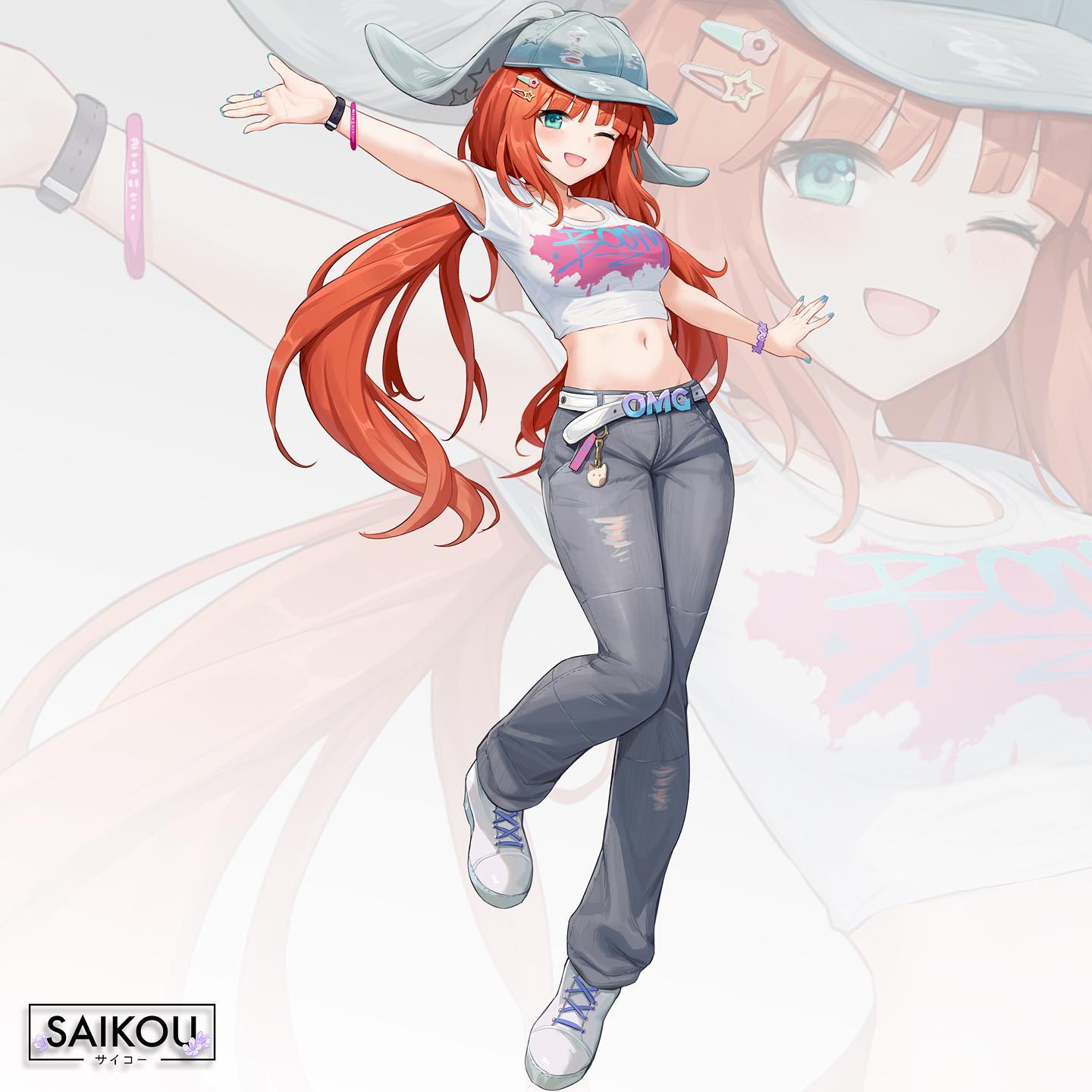 1girl, animal_ears, animal_hat, belt, crop_top, genshin_impact, grey_pants, hat