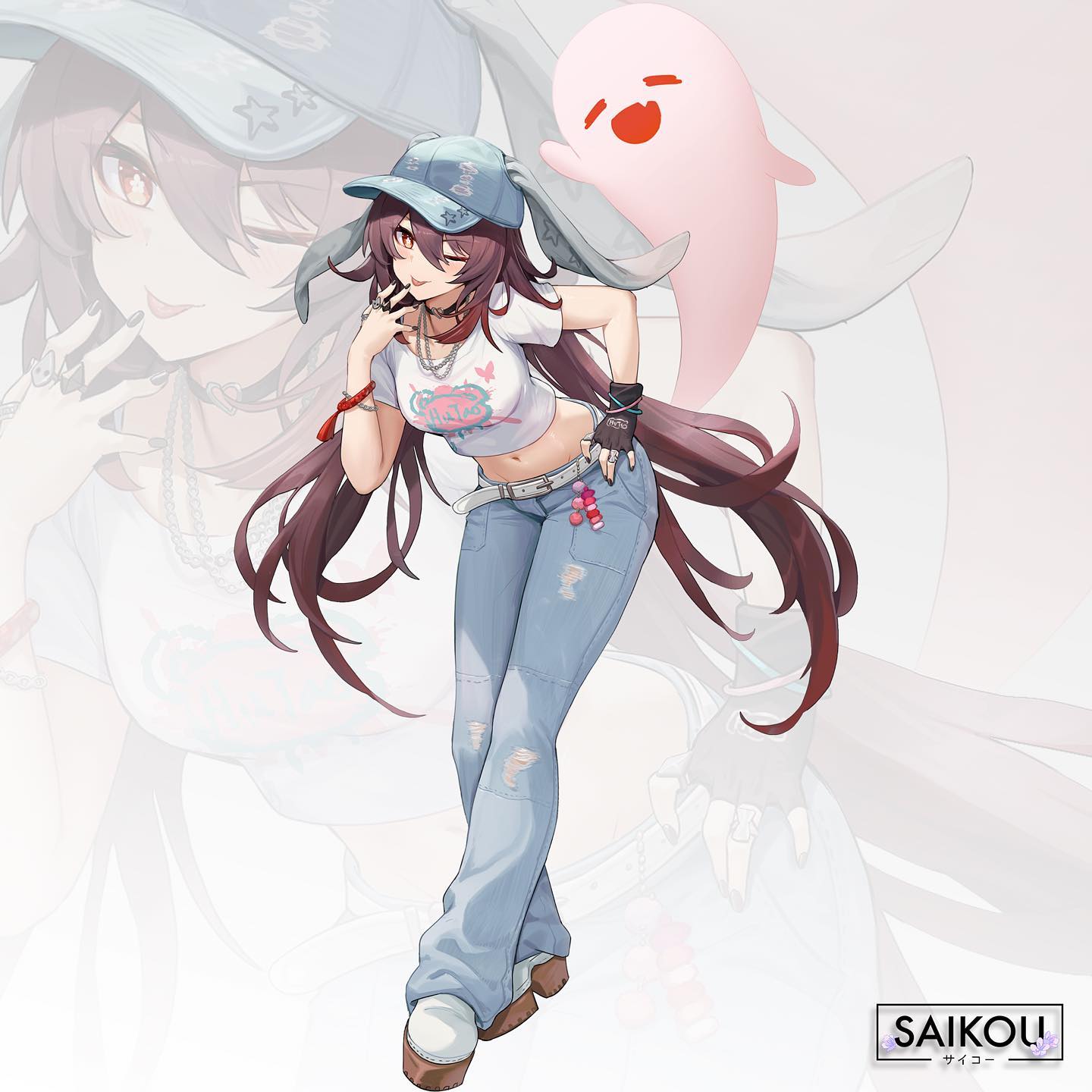 1girl, alternate_costume, animal_ears, animal_hat, belt, black_gloves, blue_pants, brown_hair