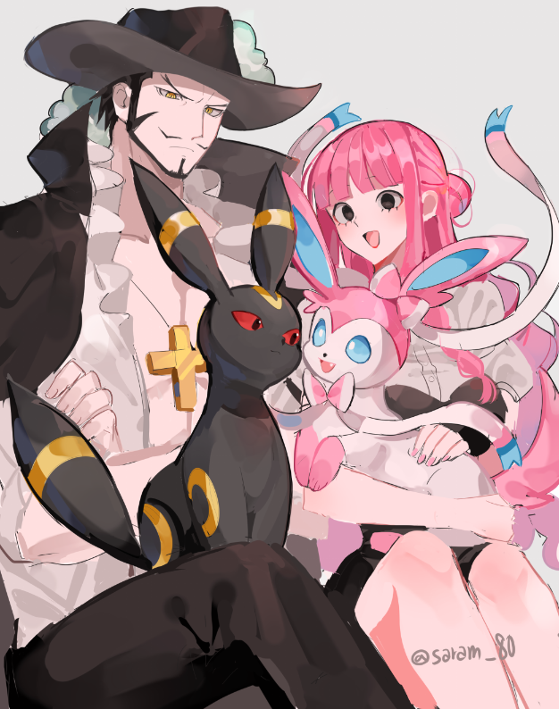 1boy, 1girl, beard, black_coat, black_eyes, black_headwear, black_pants, blue_eyes