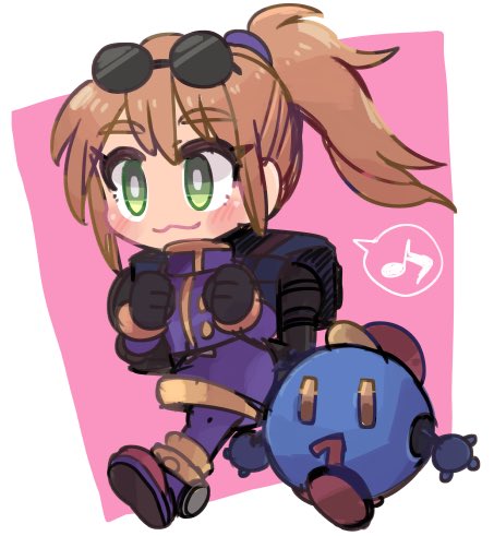 1girl, blush, chibi, closed_mouth, eyewear_on_head, full_body, gloves, green_eyes