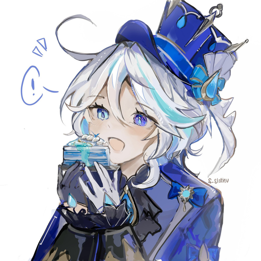 !, 1girl, blue_bow, blue_eyes, blue_gloves, blue_hair, blue_headwear, blue_jacket, blue_pupils, bow, cake, cake_slice, commentary, food, furina_(genshin_impact), genshin_impact, gloves, heterochromia, highres, holding, holding_food, jacket, long_hair, multicolored_clothes, multicolored_gloves, multicolored_hair, notice_lines, open_mouth, s_slothv, simple_background, smile, solo, spoken_exclamation_mark, streaked_hair, white_background, white_hair