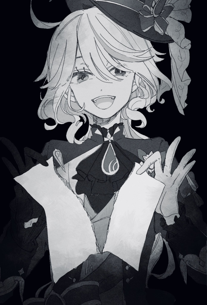 1girl, ahoge, ascot, asymmetrical_gloves, frills, furina_(genshin_impact), genshin_impact, gloves, greyscale, hair_between_eyes, hat, highres, jacket, long_hair, long_sleeves, looking_at_viewer, marmochi, mismatched_gloves, monochrome, open_mouth, paper, simple_background, solo, torn_paper, upper_body