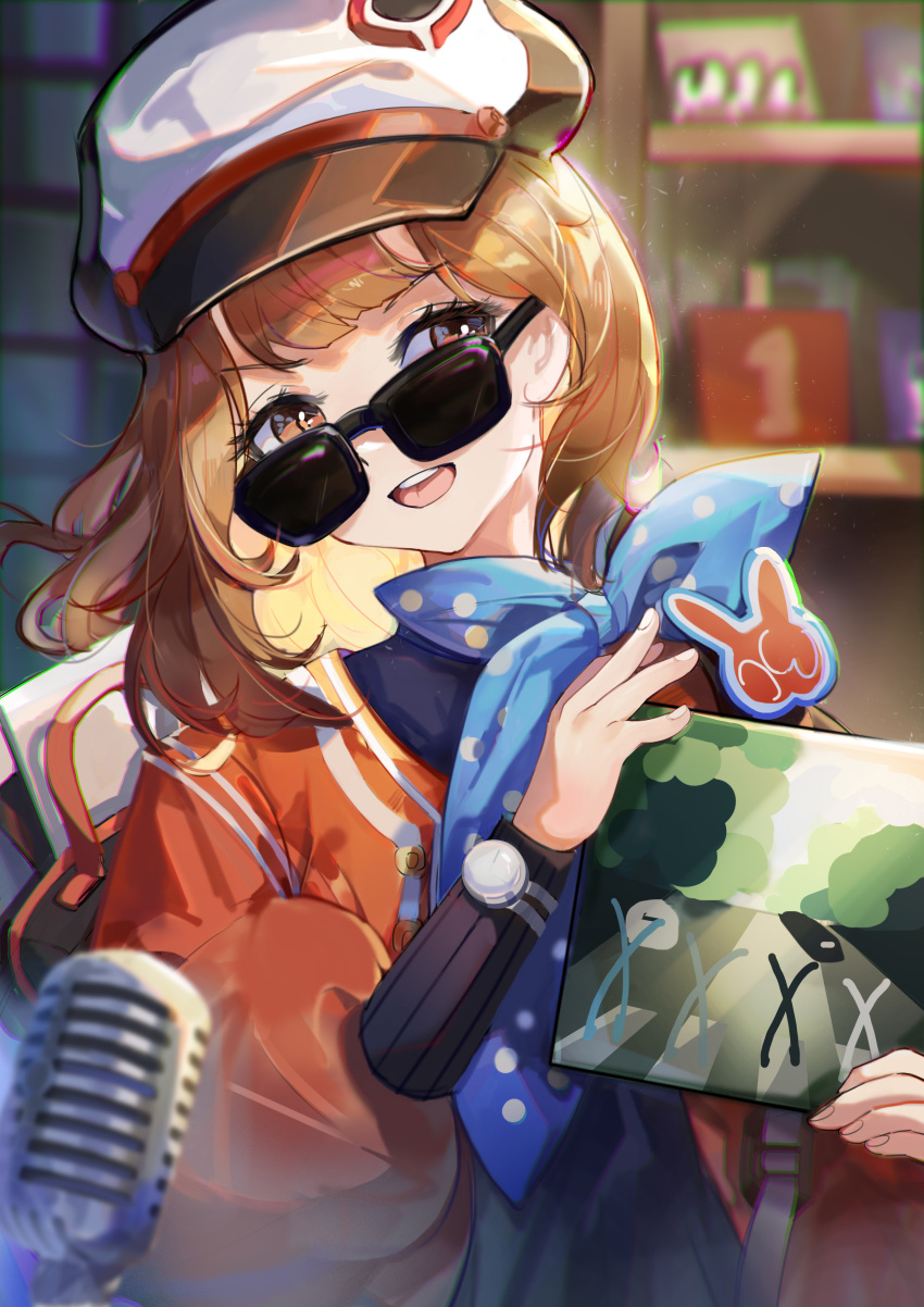 1girl, abbey_road, absurdres, black_headwear, blue_bow, blurry, blurry_background, blurry_foreground