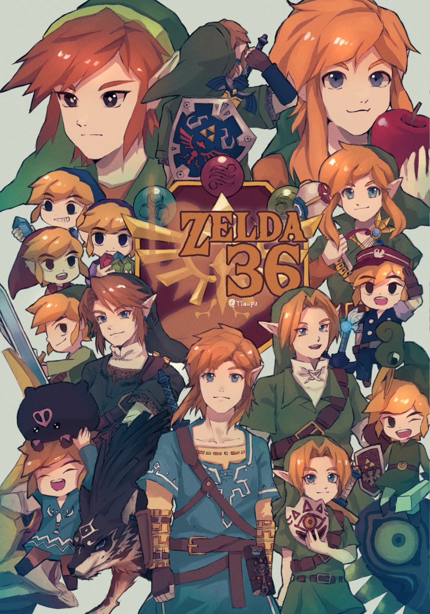 6+boys, absurdres, animal, anniversary, apple, blonde_hair, blue_eyes, blue_tunic