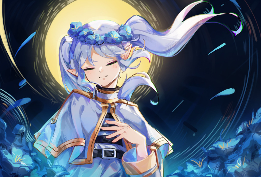 1girl, blue_flower, capelet, closed_eyes, closed_mouth, commentary, dress, flower