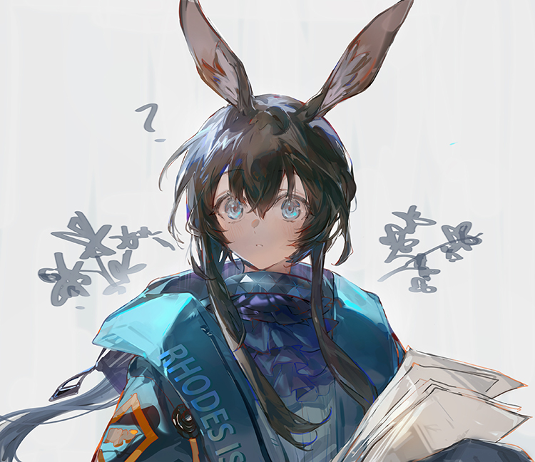 1girl, ?, amiya_(arknights), animal_ears, aona_(ns), arknights, ascot, blue_ascot