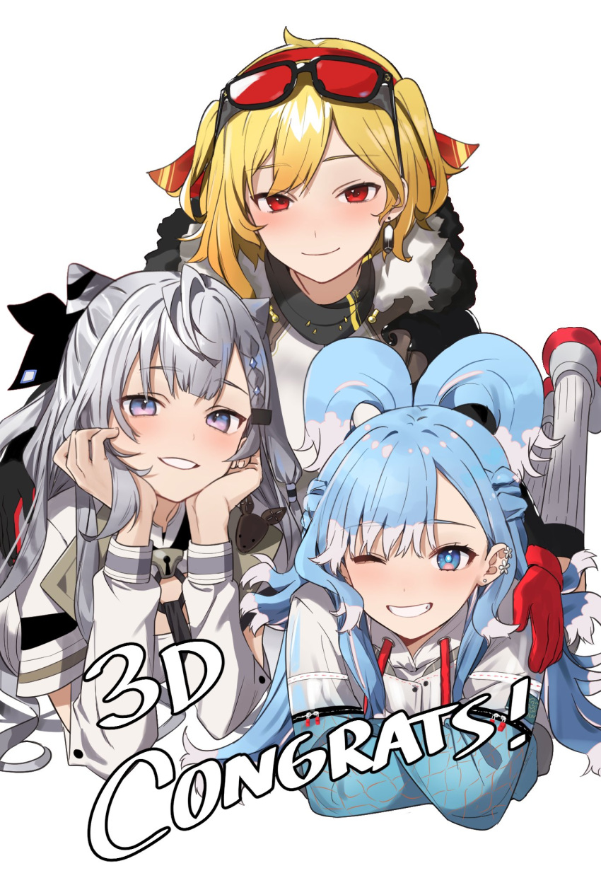 3girls, blonde_hair, blue_eyes, blue_hair, blush, congratulations, crossed_arms, earrings
