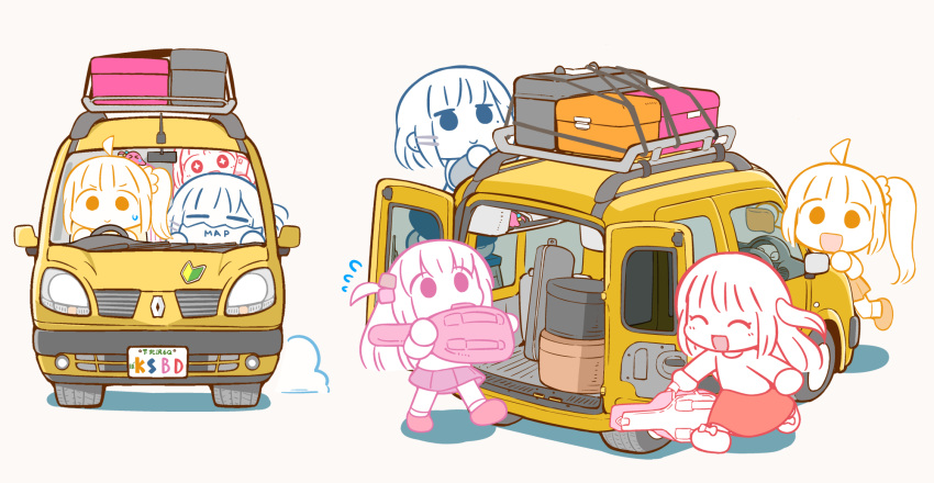 4girls, ahoge, blob, blush, bocchi_the_rock!, cable_tie, car, chibi, closed_eyes, closed_mouth, commentary_request, driving, flying_sweatdrops, gotoh_hitori, guitar_case, hanomido, high_side_ponytail, highres, ijichi_nijika, instrument_case, kita_ikuyo, license_plate, looking_at_viewer, motor_vehicle, multiple_girls, nani_ga_warui, official_style, one_side_up, open_mouth, red_skirt, renault, renault_kangoo, shoshinsha_mark, skirt, smile, steering_wheel, sweatdrop, white_background, yamada_ryo, yellow_skirt