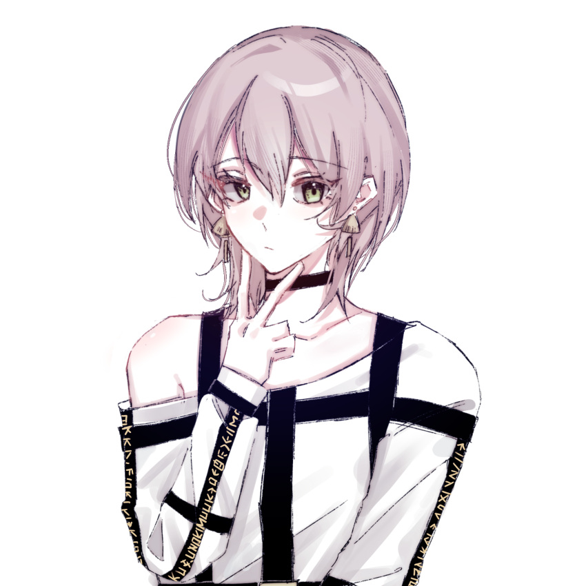 1girl, black_choker, blonde_hair, choker, earrings, expressionless, green_eyes, highres