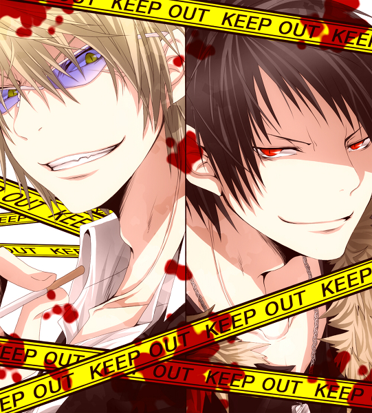black_hair, blonde_hair, caution_tape, cigarette, durarara!!, glasses, grin, heiwajima_shizuo, karasiro, orihara_izaya, red_eyes, short_hair, smile, yellow_eyes