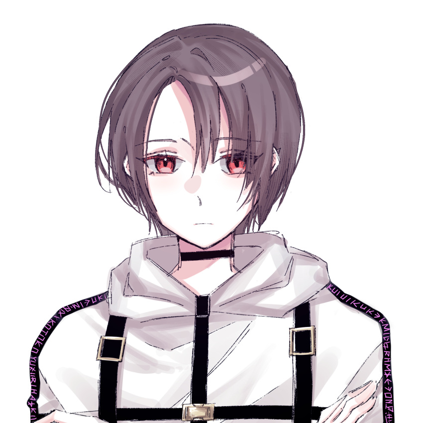 1girl, belt, black_hair, choker, crossed_arms, expressionless, forehead, hair_between_eyes