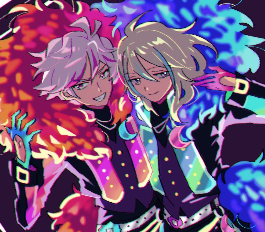 2boys, backlighting, belt, black_jacket, blonde_hair, blue_gloves, blue_hair, closed_mouth, commentary_request, fur-trimmed_jacket, fur_trim, gloves, glowing_clothes, grin, hair_between_eyes, hand_up, idol_clothes, idol_land_pripara, jacket, long_hair, long_sleeves, looking_at_viewer, looking_to_the_side, male_focus, multicolored_hair, multiple_boys, ooedo_shinya, open_mouth, pink_gloves, pink_hair, pretty_(series), pripara, purple_background, rituyama1, short_hair, simple_background, smile, standing, streaked_hair, ushimitsu_(pripara), violet_eyes, white_belt