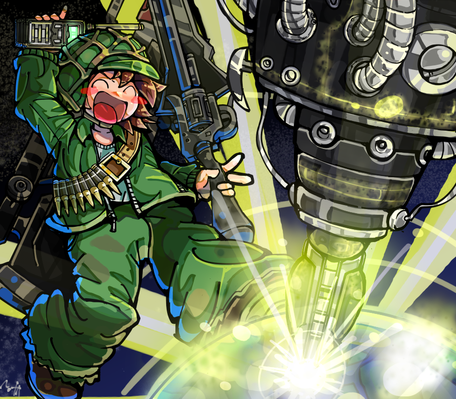 1boy, :d, army, bandolier, boots, brown_footwear, brown_hair, cannon, closed_eyes, commentary, english_commentary, epic_battle_fantasy, full_body, green_headwear, green_jacket, grey_pants, gun, gunblade, helmet, holding, holding_gun, holding_walkie-talkie, holding_weapon, jacket, lance_(epic_battle_fantasy), laser, long_sleeves, male_focus, medium_bangs, nato(nat_a), open_mouth, pants, revolver, rifle, shirt, short_hair, smile, soldier, solo, v, walkie-talkie, weapon, white_shirt, zipper