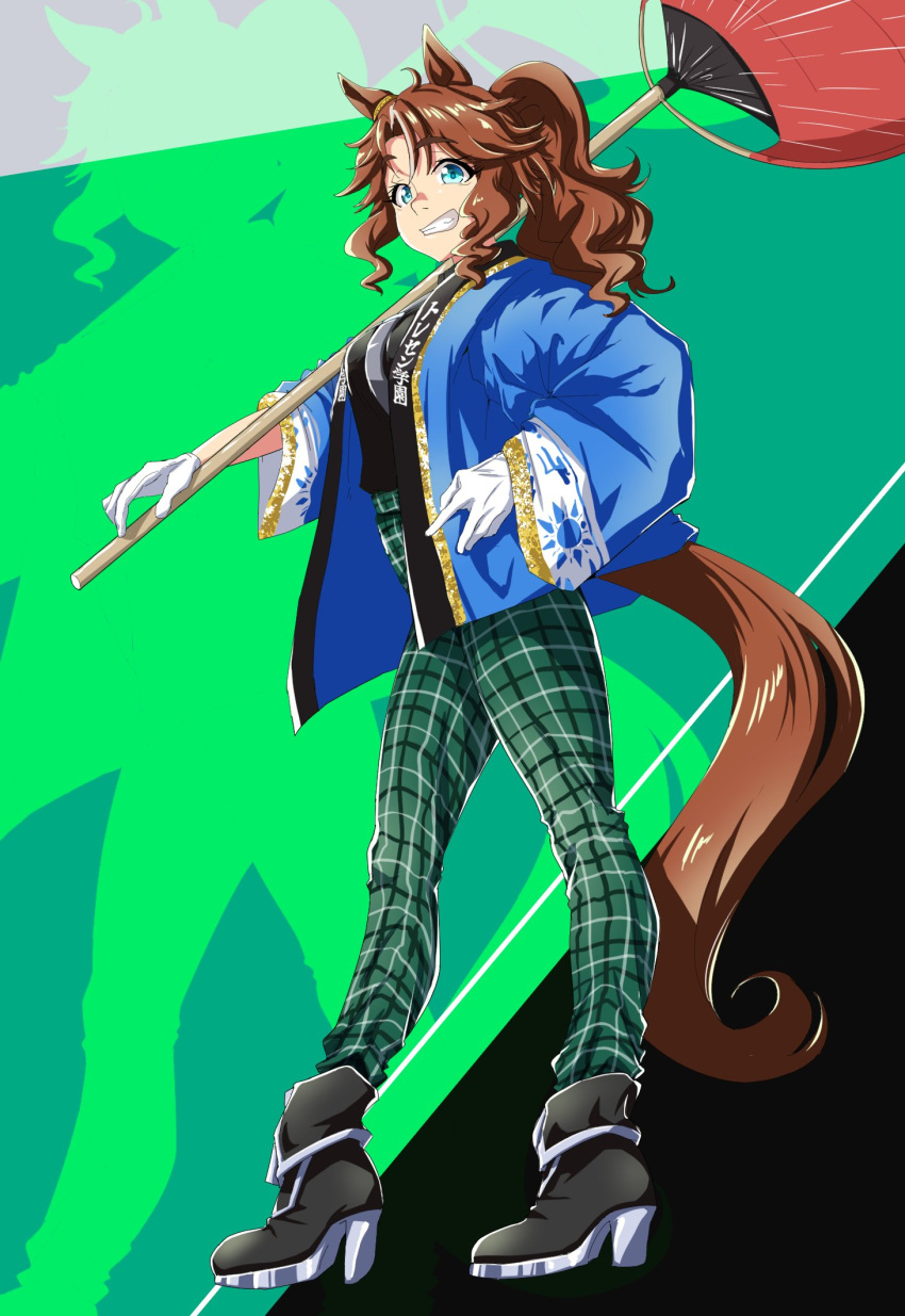 1girl, animal_ears, black_footwear, blue_eyes, brown_hair, from_side, full_body, gloves