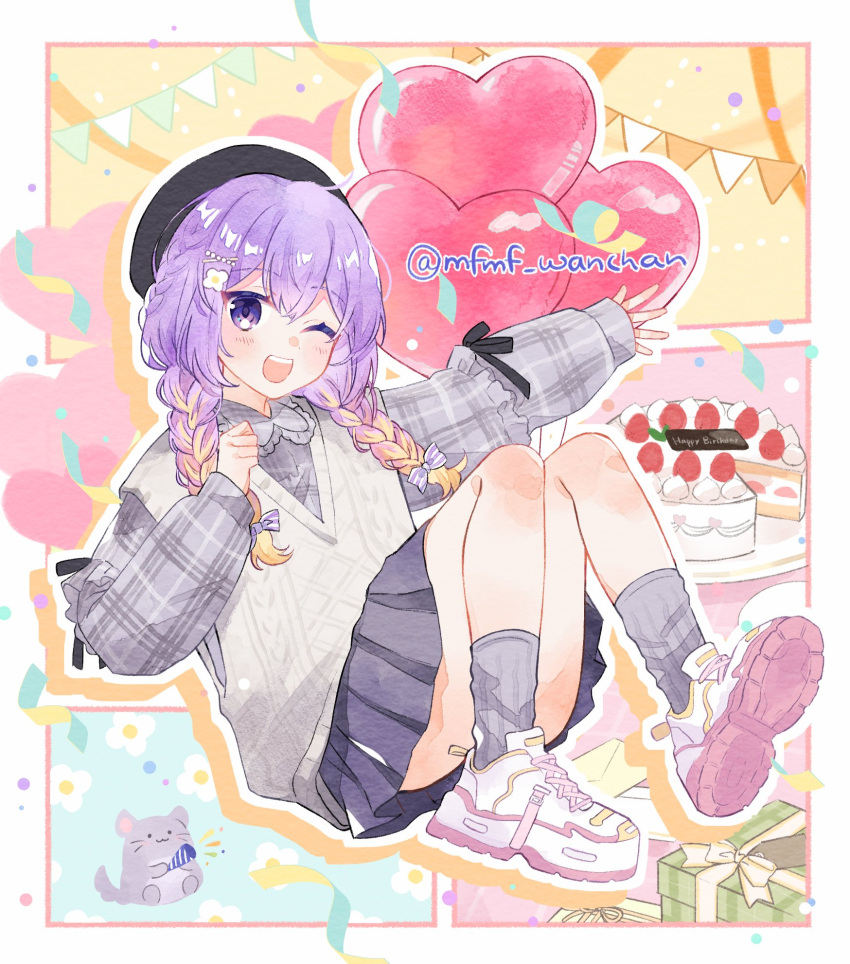 1girl, balloon, beret, black_ribbon, blonde_hair, braid, cake, chinchilla_(animal), commentary, food, frills, gift, grey_sweater_vest, hair_ornament, hairclip, hanamori_natsumi, happy_birthday, hat, heart_balloon, highres, holding_party_popper, light_blush, looking_at_viewer, multicolored_hair, one_eye_closed, open_mouth, party_popper, plaid, purple_hair, ribbed_socks, ribbon, shoes, skirt, smile, sneakers, socks, solo, strawberry_shortcake, sweater_vest, teeth, twin_braids, twitter_username, upper_teeth_only, violet_eyes, wanmofu