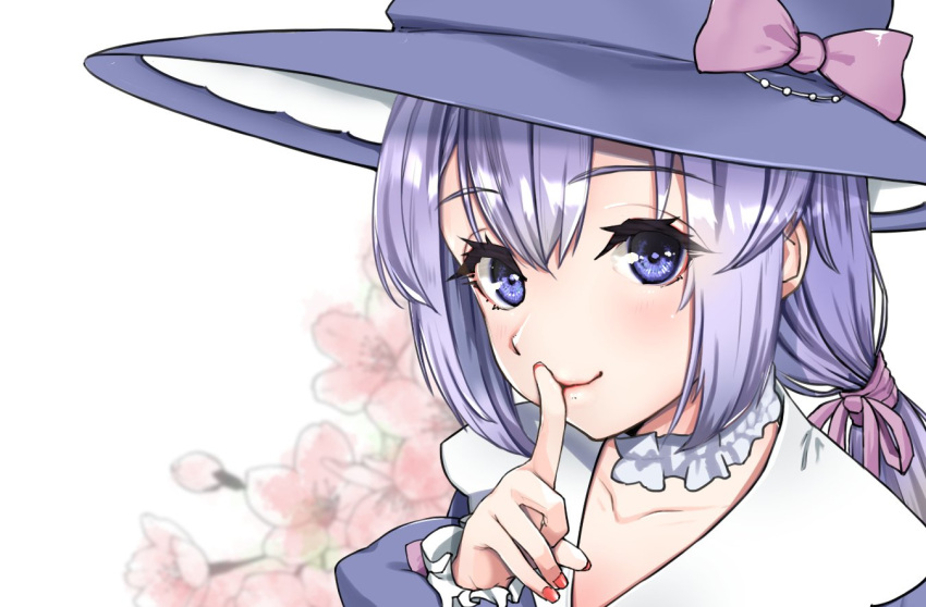 1girl, blurry, blurry_background, cherry_blossoms, collarbone, commentary, eyelashes, finger_to_mouth, hanamori_natsumi, hat, light_blush, looking_at_viewer, nail_polish, pink_ribbon, purple_hair, ribbon, shushing, smile, solo, violet_eyes, virtual_youtuber, witch_hat