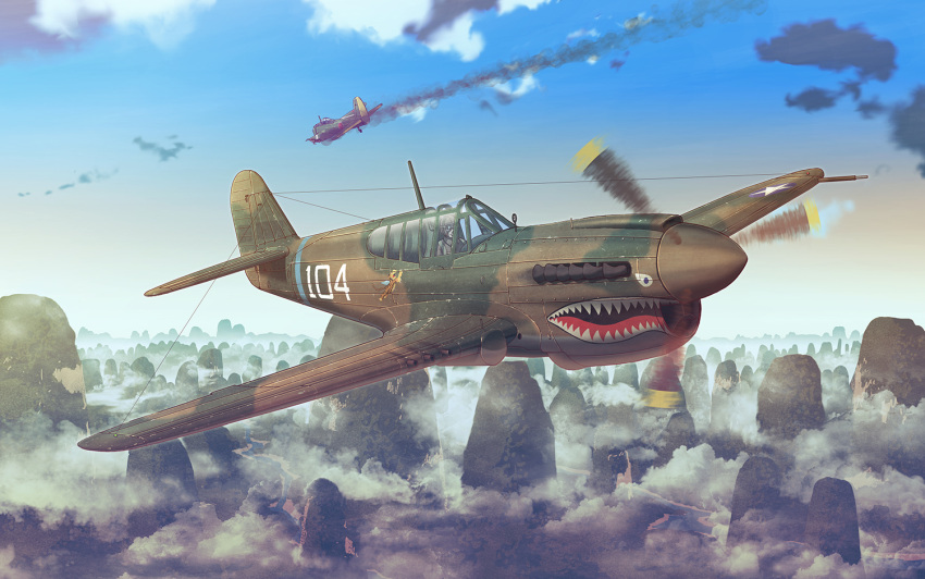 aircraft, airplane, clouds, commission, damaged, earasensha, flying, ki-43_hayabusa