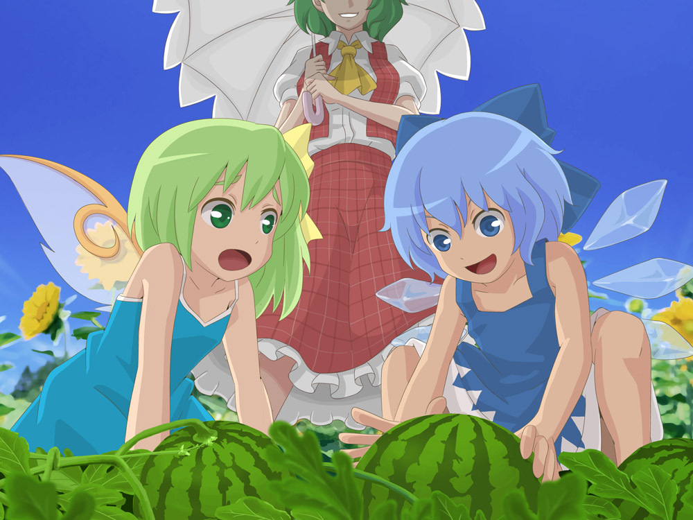 ascot, bare_shoulders, blue_eyes, blue_hair, bow, cirno, commentary, daiyousei