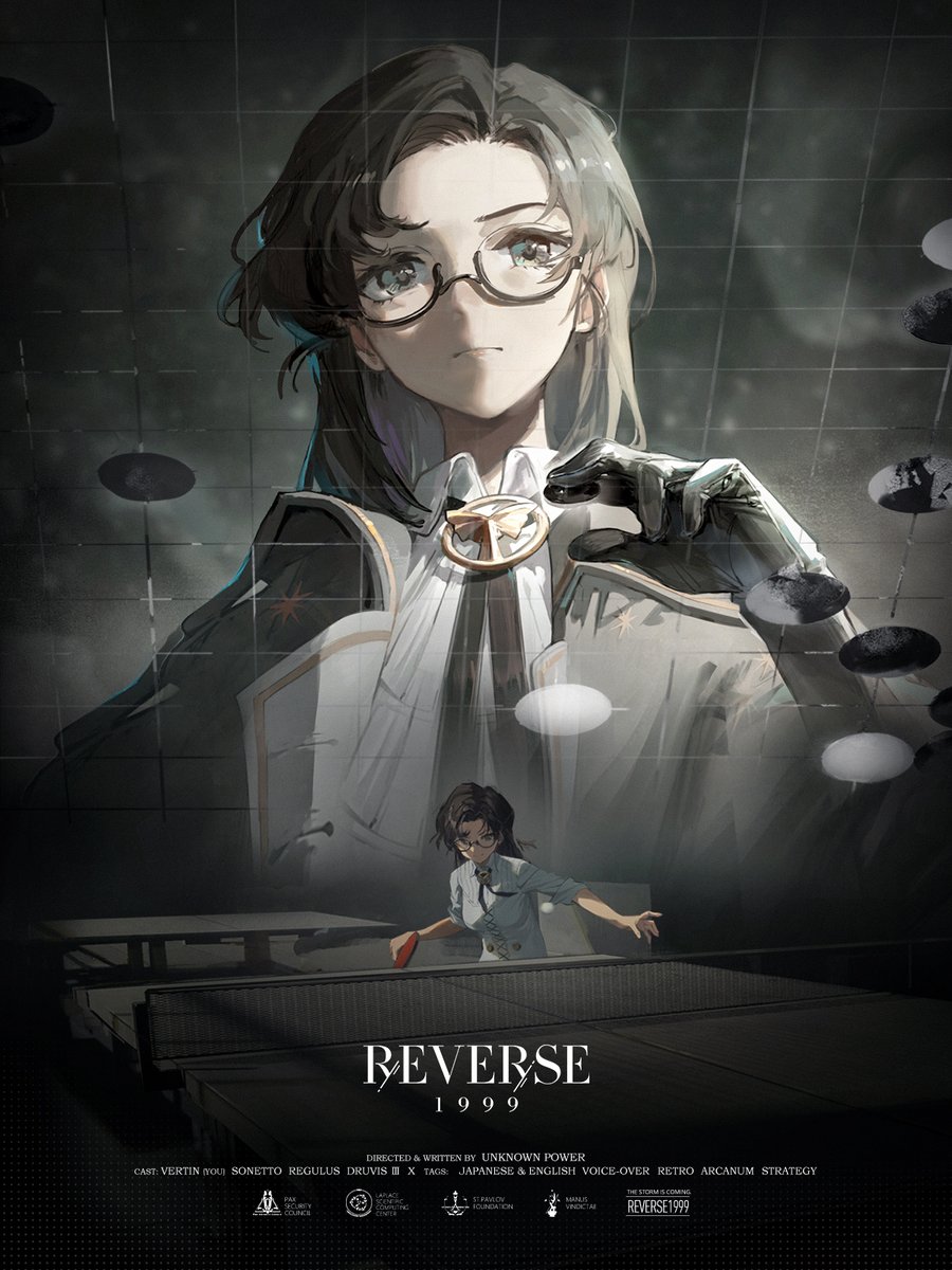 1girl, ball, black_gloves, black_hair, copyright_name, english_text, glasses, gloves, highres, holding, holding_paddle, jacket, long_hair, no_jacket, official_art, paddle, reverse:1999, solo, table_tennis, table_tennis_ball, table_tennis_paddle, z_(reverse:1999)