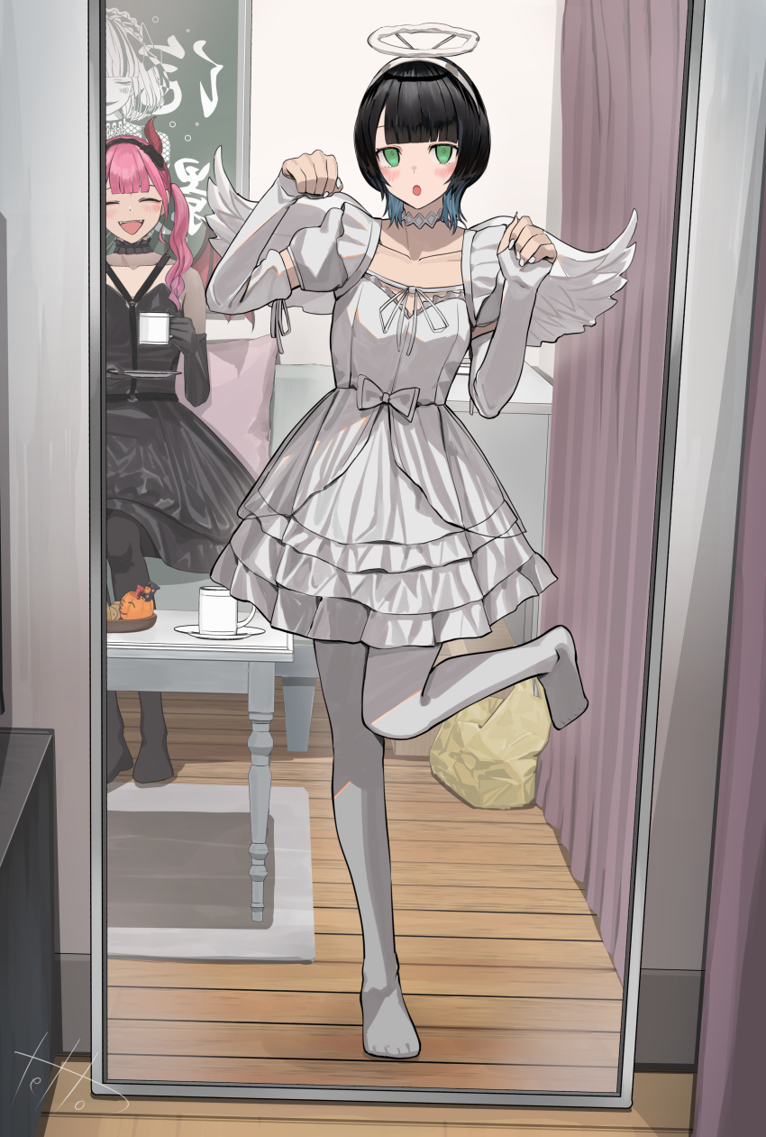 2girls, :d, absurdres, angel, black_hair, blue_hair, closed_eyes, colored_inner_hair