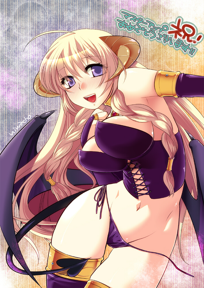 blue_eyes, blush, braid, breasts, bridal_gauntlets, bustier, cleavage, corset, demon_girl, demon_tail, demon_wings, large_breasts, legs, lingerie, niwacho, panties, solo, succubus, tail, thigh-highs, thighhighs, thighs, underwear, wings