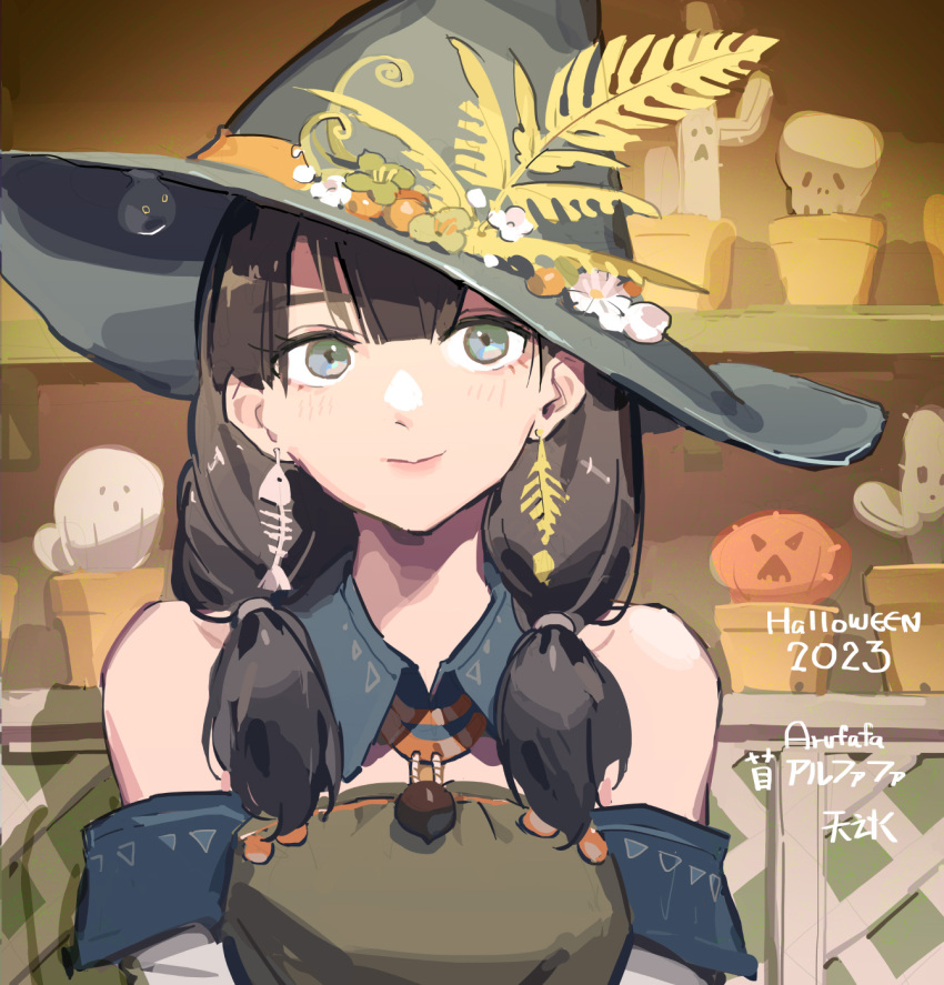 1girl, bare_shoulders, brown_hair, commentary, dated, detached_collar, detached_sleeves, fish_bone_earrings, flower, flower_pot, green_eyes, grey_headwear, halloween, hat, hat_flower, hat_ribbon, highres, looking_at_viewer, mixed-language_commentary, original, ribbon, signature, solo, tennohi, twintails, witch_hat