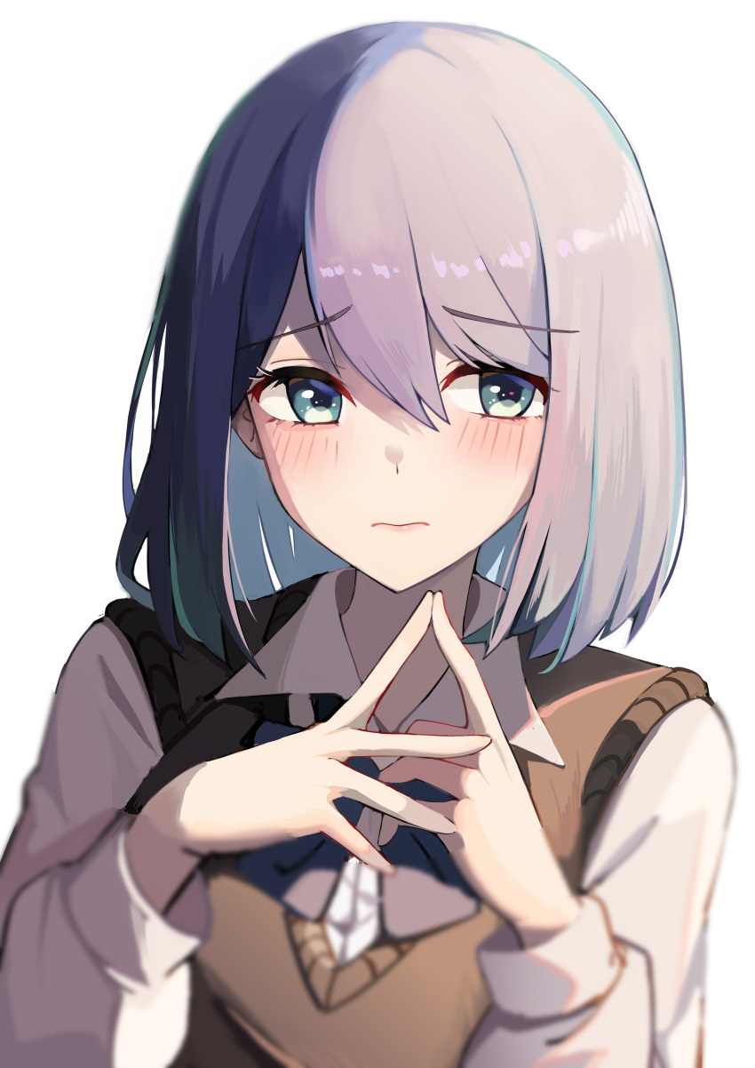 1girl, absurdres, black_sweater_vest, blue_bow, blue_bowtie, blue_eyes, blue_hair, blurry