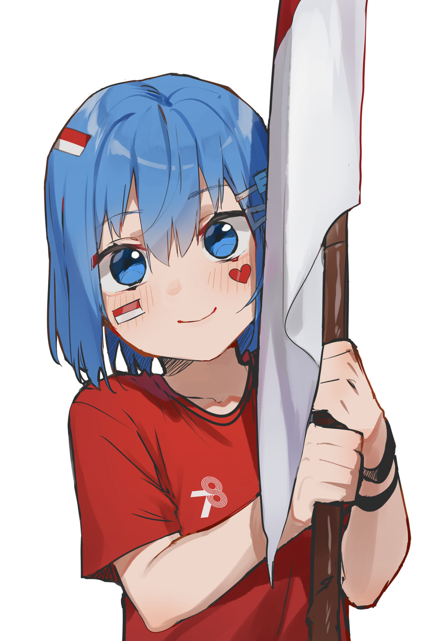 1girl, blue_eyes, blue_hair, blush, flag, hair_between_eyes, hair_ornament, hairclip