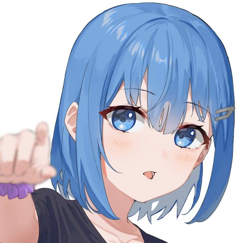 1girl, black_shirt, blue_eyes, blue_hair, blurry, blurry_foreground, blush, collarbone