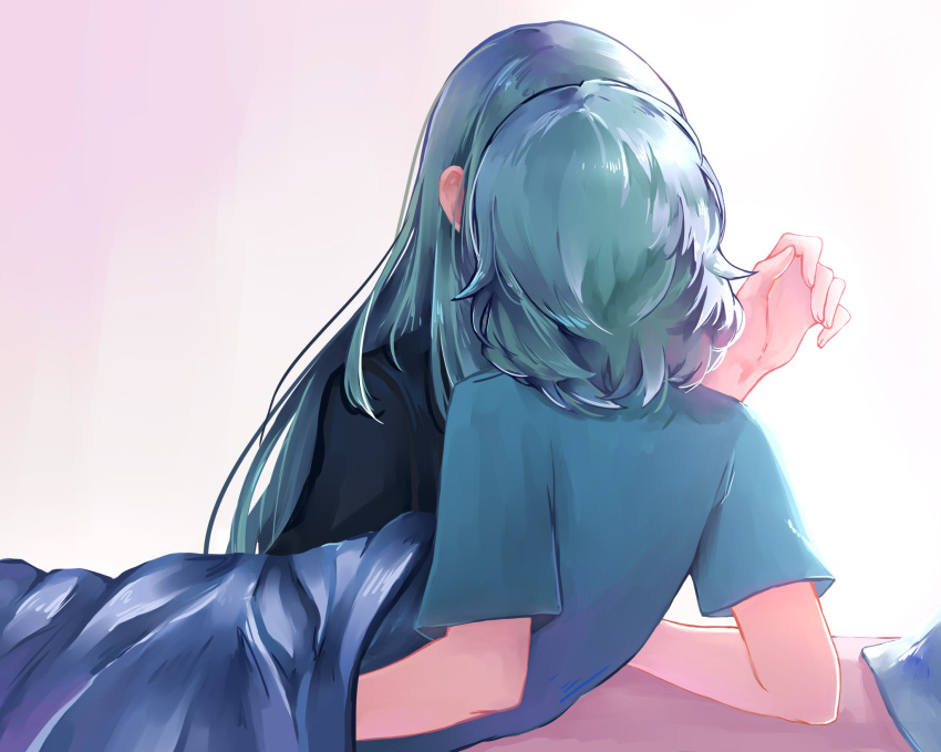 2girls, aqua_hair, bang_dream!, black_shirt, blanket, blue_shirt, commentary, from_behind