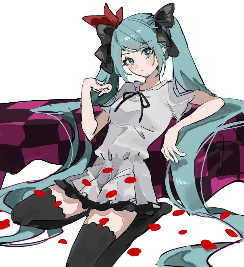 1girl, :<, aqua_eyes, black_bow, black_ribbon, blush, bow, checkered_background, dress, grey_dress, hair_bow, hatsune_miku, highres, inu_totemo, leaning_back, limp_wrist, long_hair, looking_at_viewer, petals, ribbon, rose_petals, seiza, sitting, solo, thigh-highs, twintails, very_long_hair, vocaloid, white_background, world_is_mine_(vocaloid), zettai_ryouiki