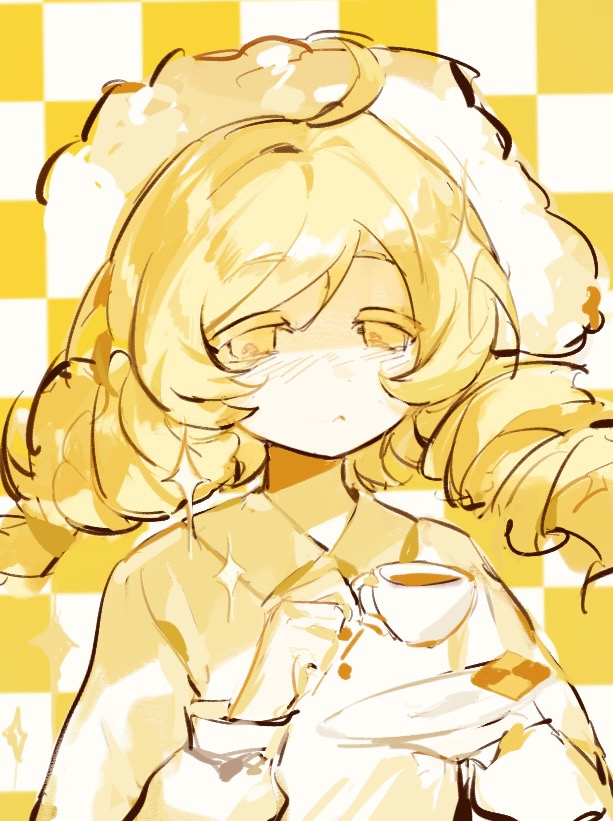 1girl, ahoge, blonde_hair, checkerboard_cookie, checkered_background, closed_mouth, cookie, cup, drill_hair, food, hat, holding, holding_cup, holding_saucer, light_blush, light_frown, mahou_shoujo_madoka_magica, saucer, shirt, solo, tomoe_mami, upper_body, wei_er_chenxing, yellow_eyes