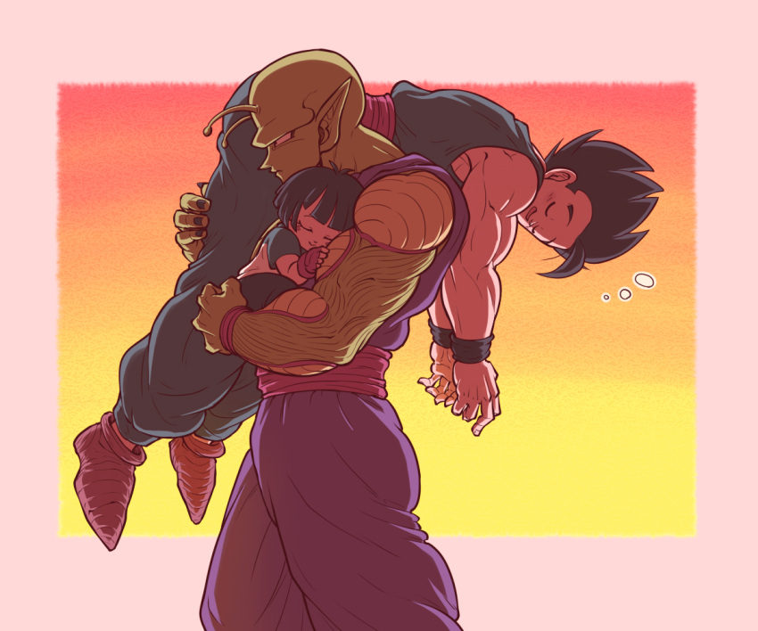 1girl, 2boys, antennae, biceps, black_hair, black_nails, black_pants, black_wristband