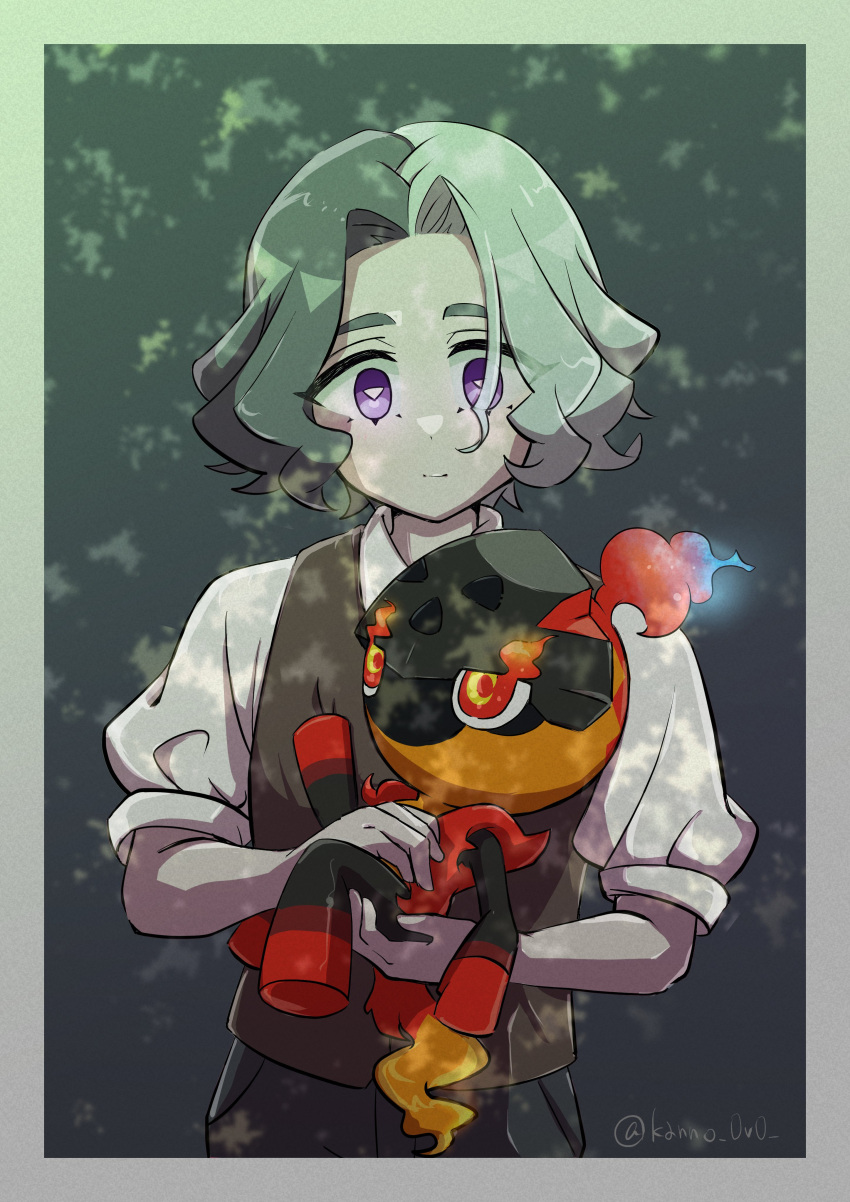 1boy, absurdres, aged_down, amethio_(pokemon), black_pants, border, brown_vest, charcadet
