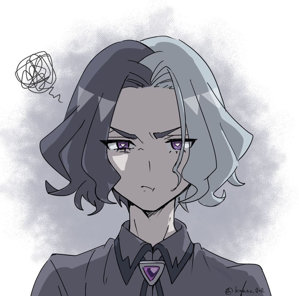 1boy, :t, amethio_(pokemon), black_ribbon, bright_pupils, closed_mouth, collared_shirt, commentary_request