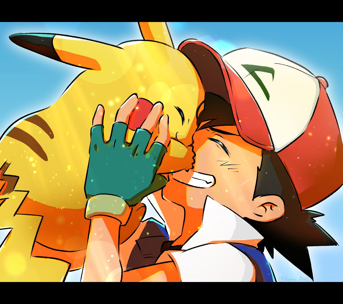 1boy, affectionate, ash_ketchum, closed_eyes, commentary_request, day, face-to-face, fingerless_gloves