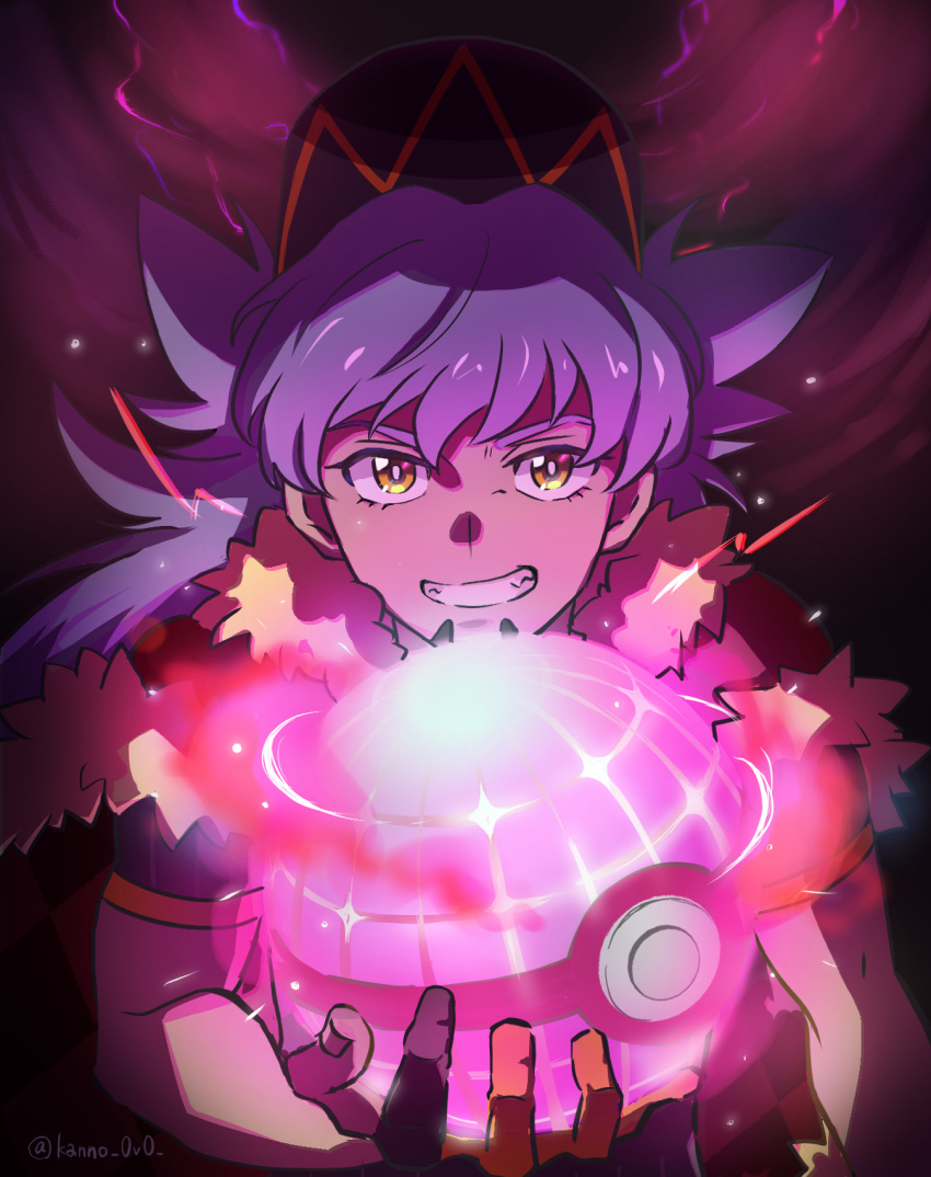 1boy, black_headwear, bright_pupils, cape, commentary_request, dynamax_ball, fur-trimmed_cape, fur_trim